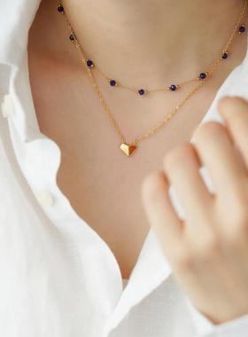 时尚通勤小众水晶石串珠设计感项链爱心吊坠双层叠戴风钛钢骨链