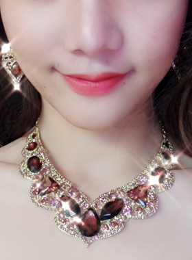 项链短款紫色水晶锁骨链女欧美装饰挂件晚礼服新娘配饰秋冬毛衣链