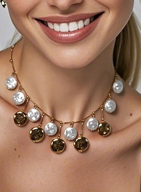 个性复古简约珍珠吊坠短款锁骨链