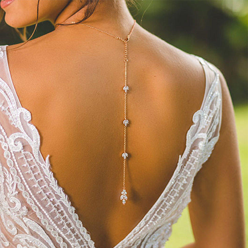 性感后背链身体链新娘礼服配饰轻奢叶子锆石项链back body chain