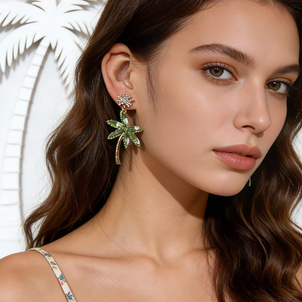 春夏海洋风绿色椰子树水晶耳钉女复古时尚金属耳环饰品简约百搭
