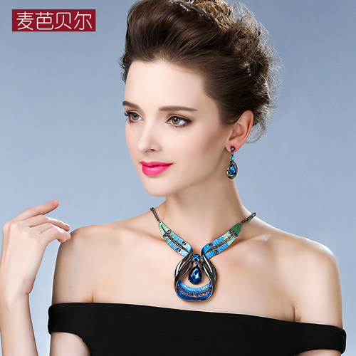 女欧美夸张时尚蓝宝石脖子项链