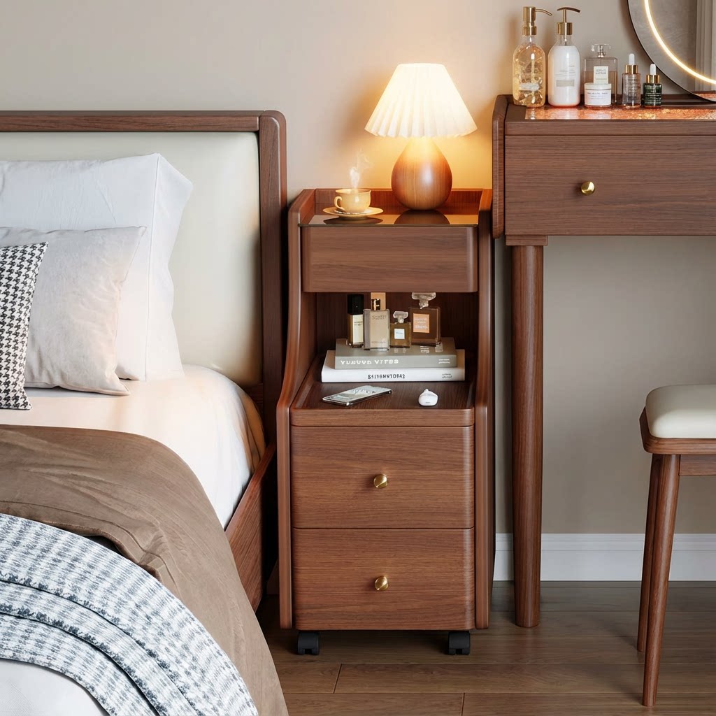 床头柜家用卧室简易小型窄缝收纳柜中古风带滚轮可移动储藏置物柜