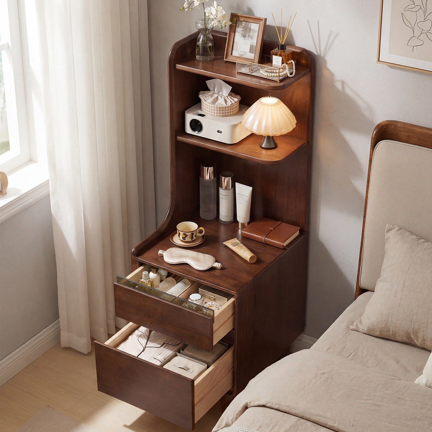 实木床头柜家用卧室窄边多功能储物柜小户型中古风床边置物收纳柜