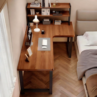 转角书桌小户型中古风书架一体桌学生家用写字桌卧室L型电脑桌子