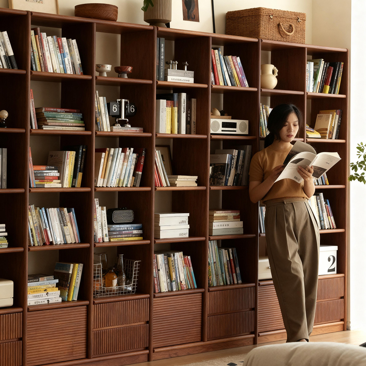 欧意朗实木落地储物多层书柜