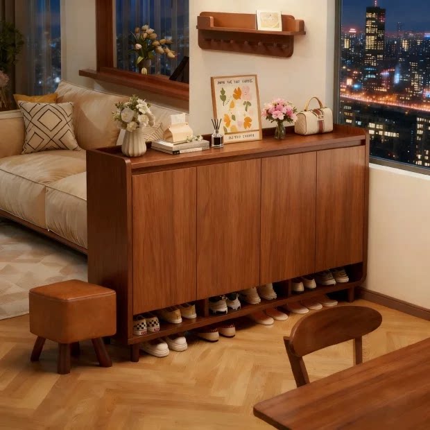 入户鞋柜家用门口室内玄关柜收纳柜一体靠墙中古风多层储物柜鞋架