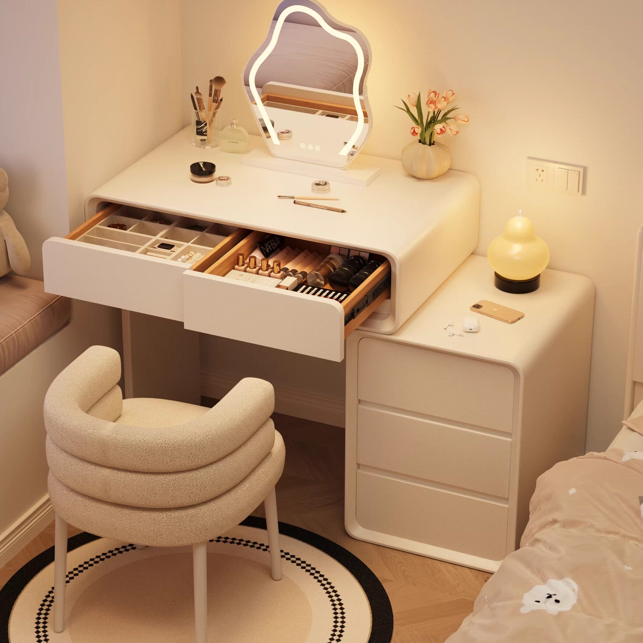 奶油风梳妆台斗柜一体卧室现代简约收纳台2026新款小户型化妆桌子