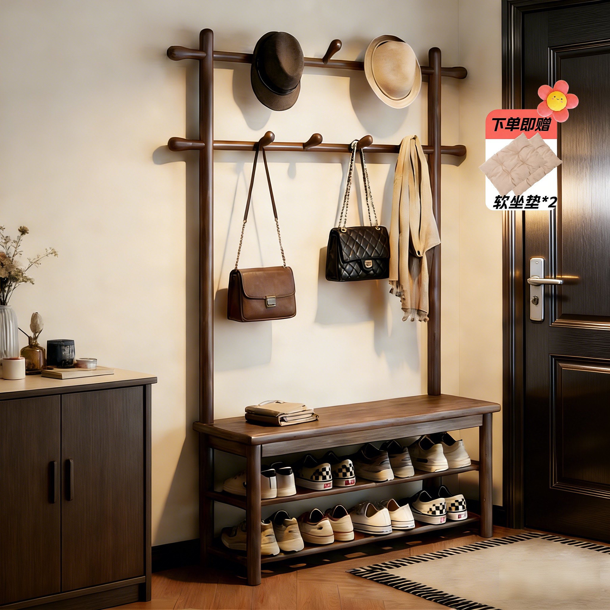 实木换鞋凳挂衣架一体门口家用收纳置物架入户门可坐式玄关穿鞋凳
