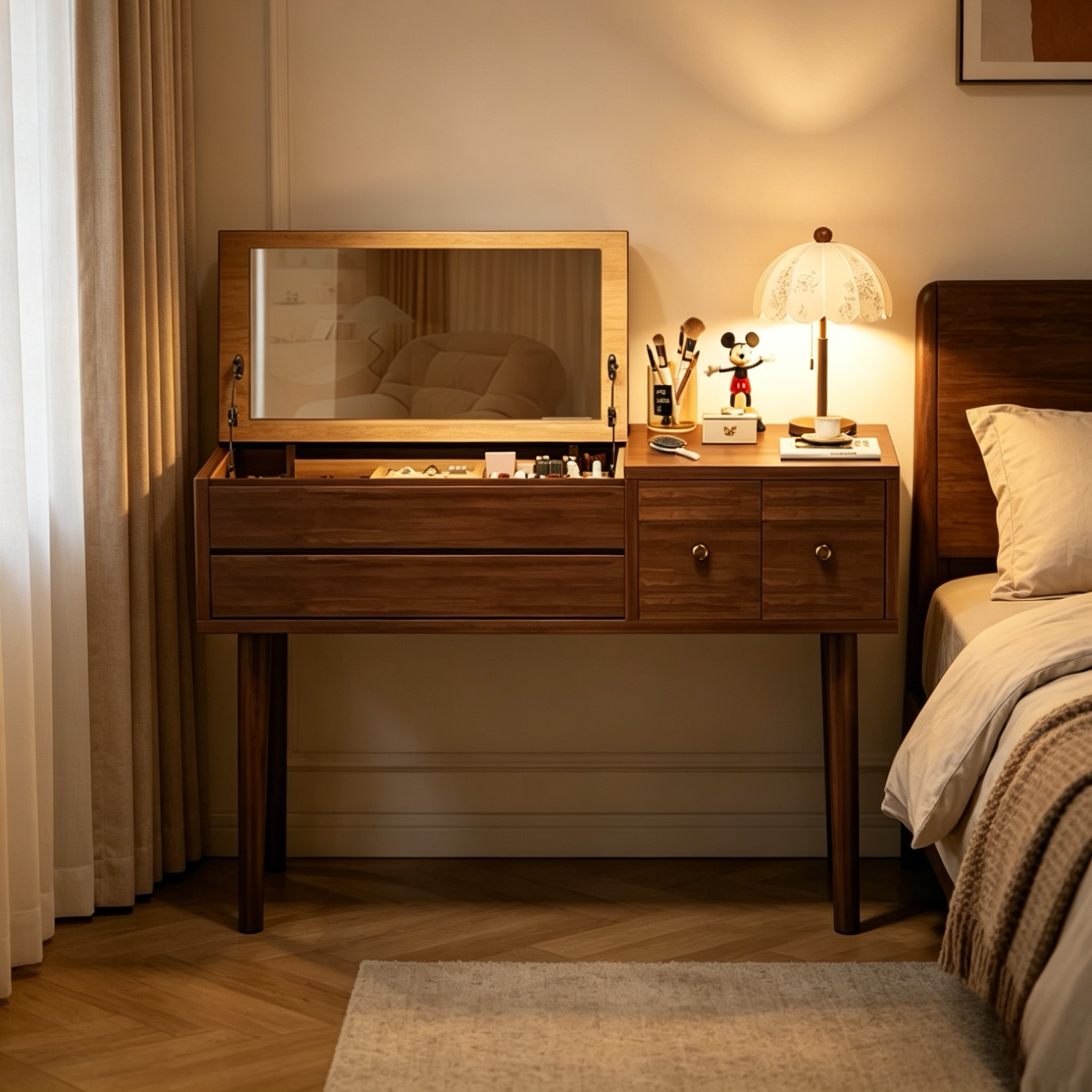 实木梳妆台小户型卧室2026新款带妆镜化妆桌中古风收纳办公电脑桌