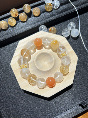 设计款五行补火补土纯天然A级14mm天然白兔毛水晶+金发晶+红玛瑙