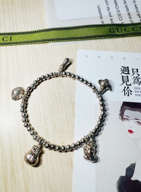 原创设计款925纯银五福手链4mm搭配貔貅+如意锁+花生+福壶+钱袋