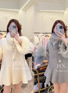 【JIN_KING】女装秋冬双面呢大衣高级感韩系毛袖羊毛呢外套J0125