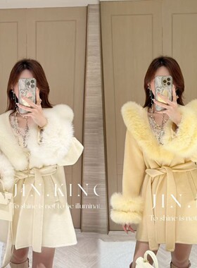 【JIN_KING】女装秋冬双面呢大衣韩系大毛领羊毛呢外套J0118