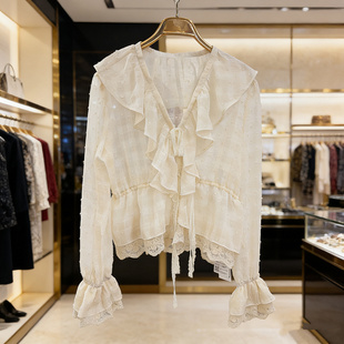 女 荷叶领收腰宫廷风温柔上衣通勤风蕾丝拼接衬衫 2026春夏季 新款