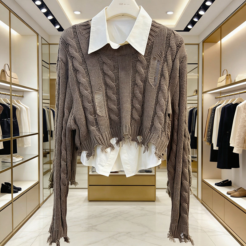 时尚做旧下摆流苏镂空麻花针织毛衣纯色单排扣无袖马甲衬衫两件套