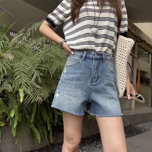 腿精制造机~四分破洞牛仔短裤女2026夏薄款A字显瘦毛边阔腿裤热裤