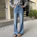 直筒宽松拖地阔腿裤 女秋冬新款 洋气开叉加绒微喇牛仔裤 秒变超模