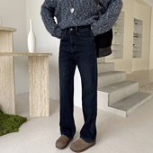 蓝灰窄版 弹力加绒牛仔裤 女秋冬新款 自带瘦腿效果 直筒显瘦阔腿裤