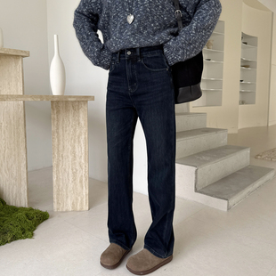 自带瘦腿效果~蓝灰窄版弹力加绒牛仔裤女秋冬新款直筒显瘦阔腿裤