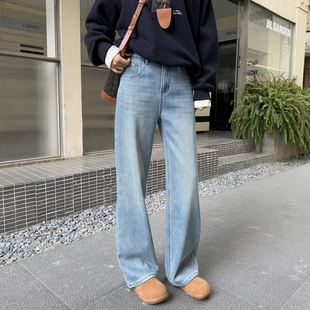入冬镇店裤型~浅蓝加绒牛仔裤女冬季新款直筒宽松加厚拖地阔腿裤