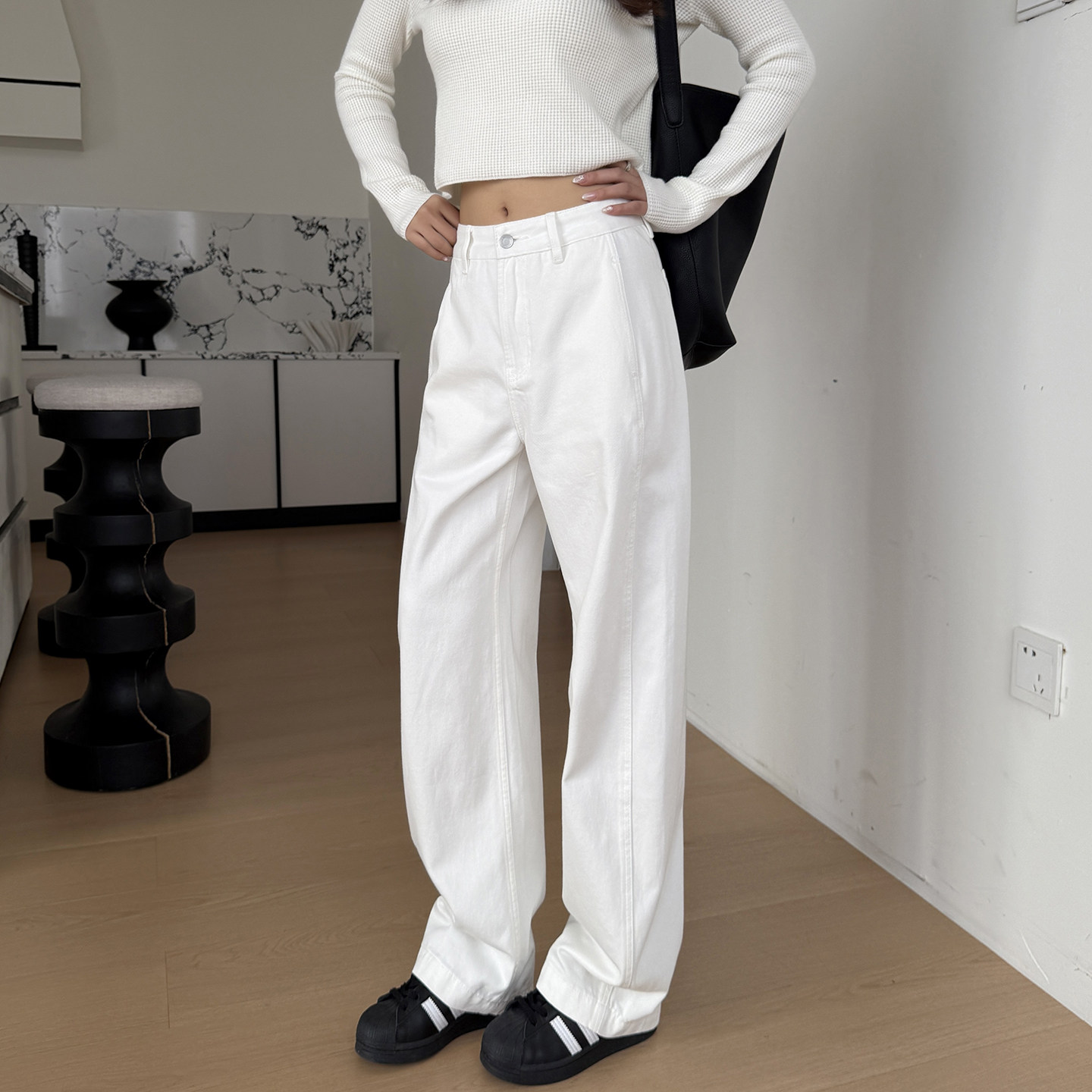 超模裤~白色宽松弯刀牛仔裤女夏薄款2026新款直筒宽松拖地阔腿裤