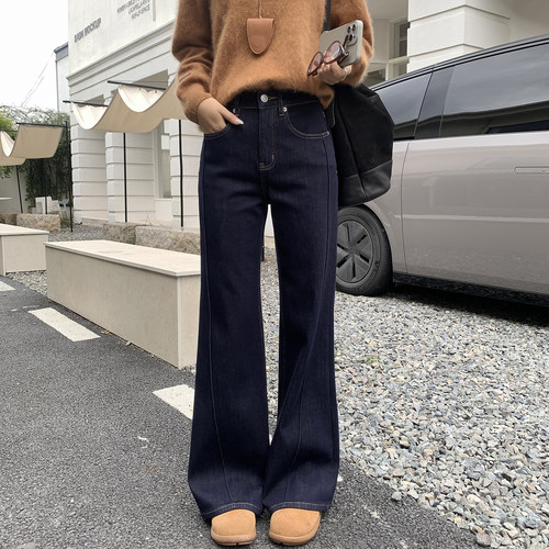 超模大长腿~深蓝色微喇加绒牛仔裤女秋冬2025新款显瘦阔腿喇叭裤