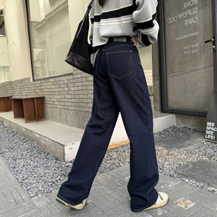 直筒宽松显瘦拖地阔腿裤 女秋冬新款 深蓝加绒牛仔裤 拯救各种腿型