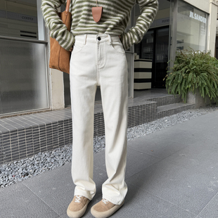 版型升级~洋气杏色窄版加绒牛仔裤女冬季新款直筒宽松显瘦阔腿裤