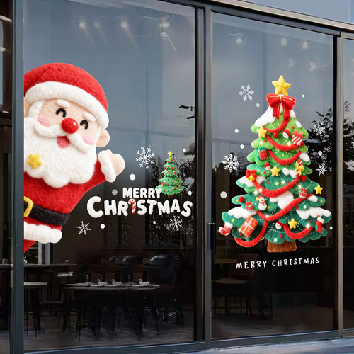 圣诞节装饰玻璃贴纸场景布置店铺橱窗玻璃门圣诞树卡通贴静电贴膜