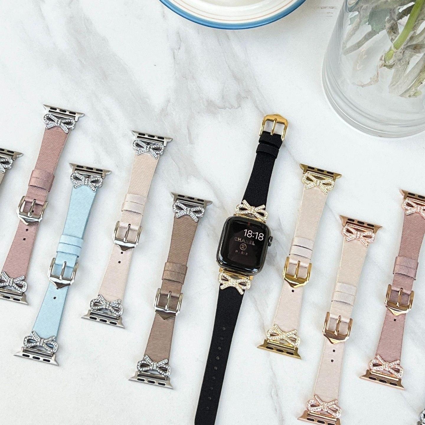 适用苹果手表带applewatch678女款se表带s8新款金属拼真皮质