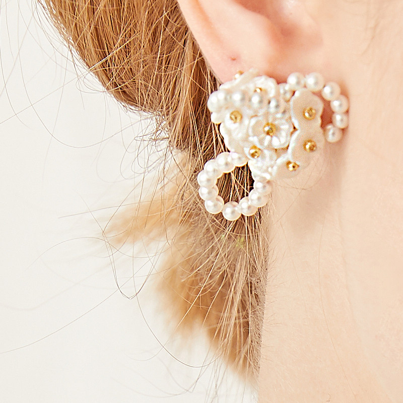 Mell少女祷告短款 手工串珠耳环花朵珍珠女无耳洞气质