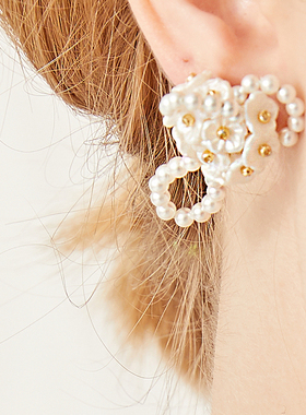 Mell少女祷告短款 手工串珠耳环花朵珍珠女无耳洞气质