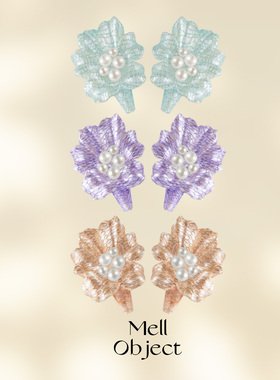 Mell丝网蕾丝珍珠短款花朵耳环优雅气质法式原创小众设计精致饰品