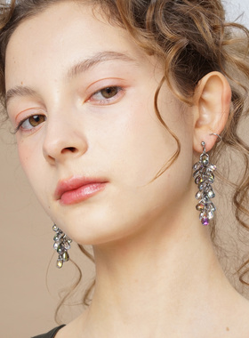 Mell金属绿葡萄长流苏耳环 浪漫串珠少女耳夹耳饰小众设计精致