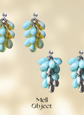 Mell蓝绿银葡萄串耳环 高级清冷感浪漫捷克串珠耳夹耳饰小众设计