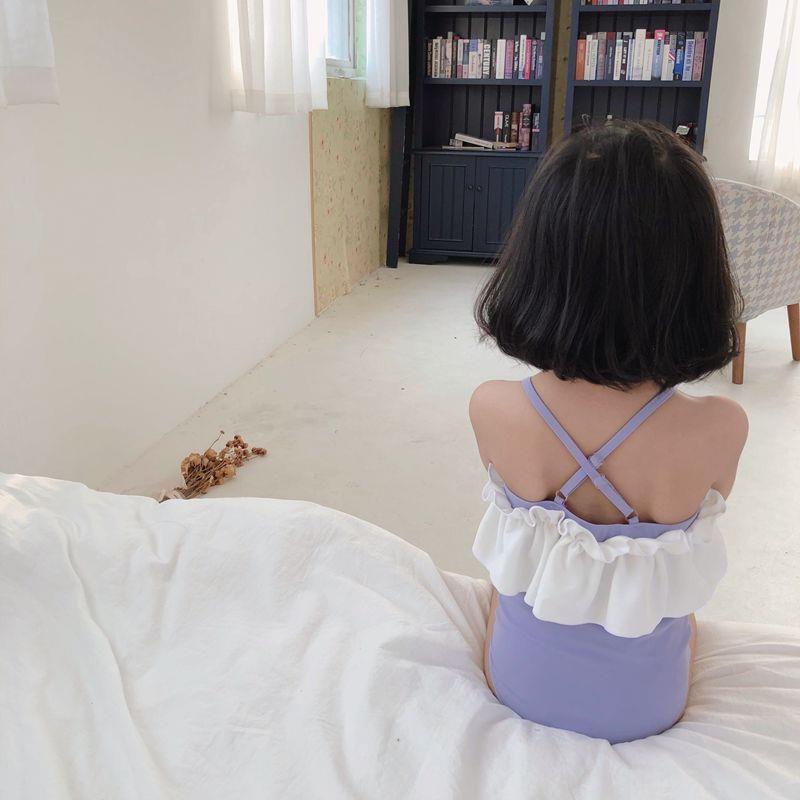 女童女宝宝白色荷叶花边后背交叉带吊带连体泳衣温泉度假泳装