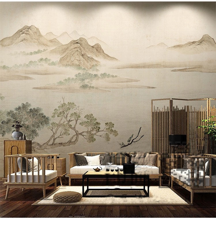 2023年新款壁布电视背景墙纸雅致新中式壁纸山水装饰墙布鎏金壁画