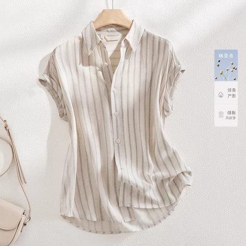 奥特莱斯品牌专柜正品清仓亚麻条纹时尚衬衫女夏季款休闲显瘦上衣