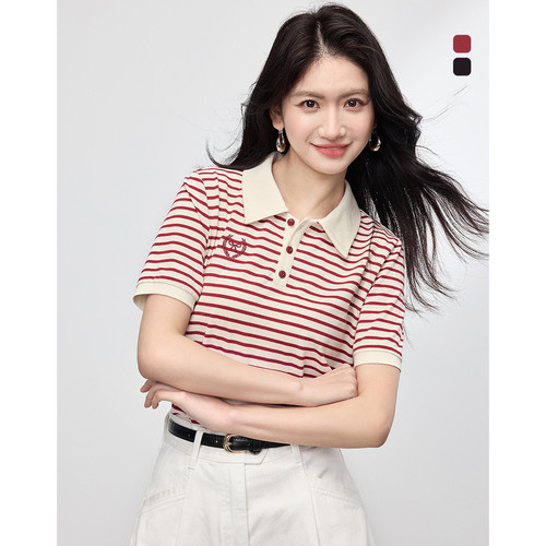奥特莱斯品牌清仓捡漏复古条纹POLO衫2025夏季百搭减龄女T恤上衣