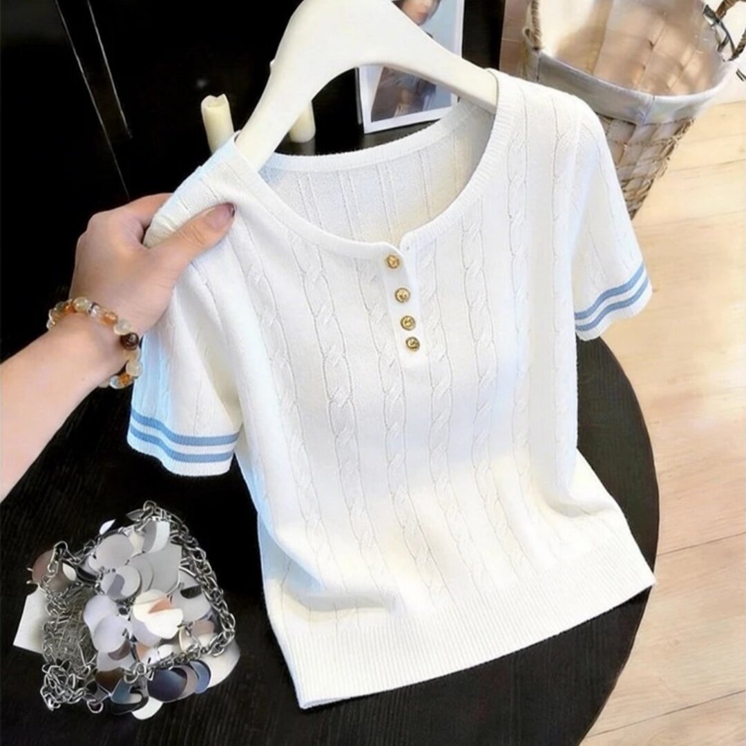 奥特莱斯专柜正品清仓麻花条纹短袖针织衫女圆领宽松显瘦冰丝上衣