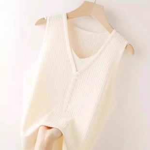 上衣 V领假两件无袖 奥莱清仓西装 内搭针织吊带背心女夏宽松打底衫