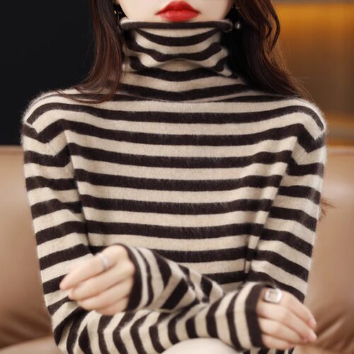 奥莱女装品牌专柜款清仓2025春秋堆堆领羊绒衫打底条纹毛衣针织衫