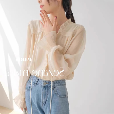 奥莱女装清仓法式高级感木耳荷叶边天丝衬衫女气质喇叭袖雪纺衬衣