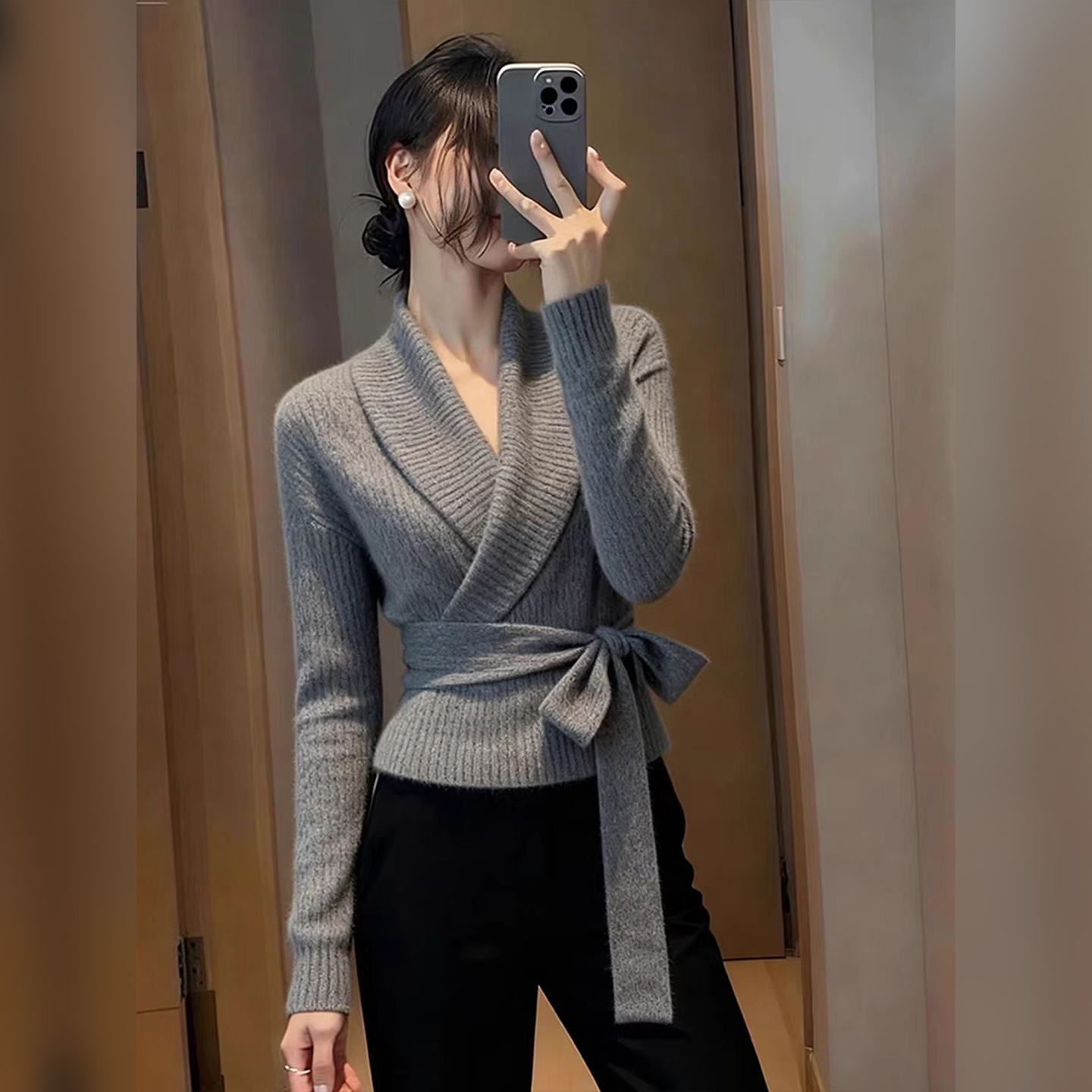 系带羊绒针织衫显瘦休闲长袖上衣