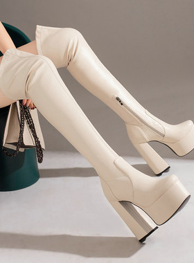 秋冬新款恨天高模特15cm厚底粗跟过膝靴时尚走秀欧美高跟靴弹力靴