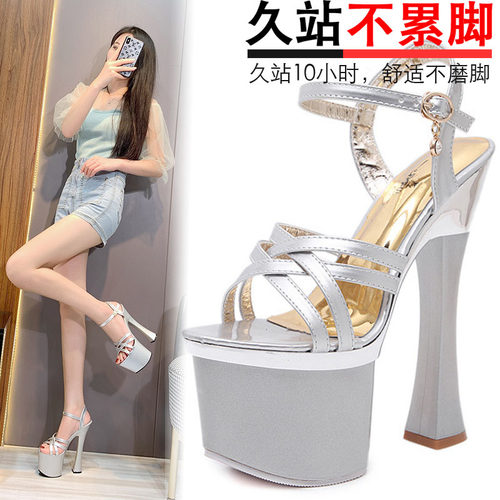 18cm恨天高高跟鞋粗跟钢管舞凉鞋