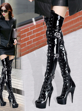 钢管舞超高跟鞋调情15cm细跟大码恨天高漆皮过膝长靴女防水台床上