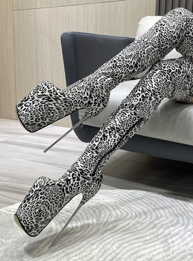 19cm性感豹纹过膝靴细跟情趣夜店模特女靴大码高跟鞋防水台长靴女