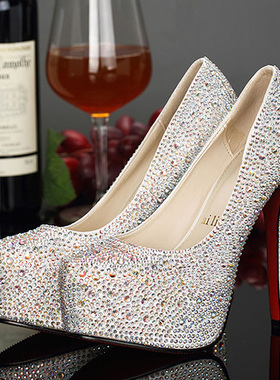 恨天高细跟单鞋大码水钻水晶14cm超高跟鞋女走秀防水台blingbling